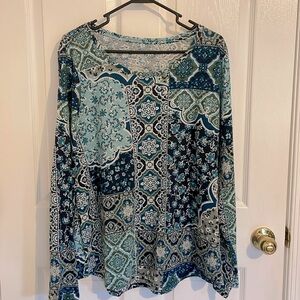 Blue, Green & White Floral SONOMA long sleeve Boat Neck Top, Size XXL